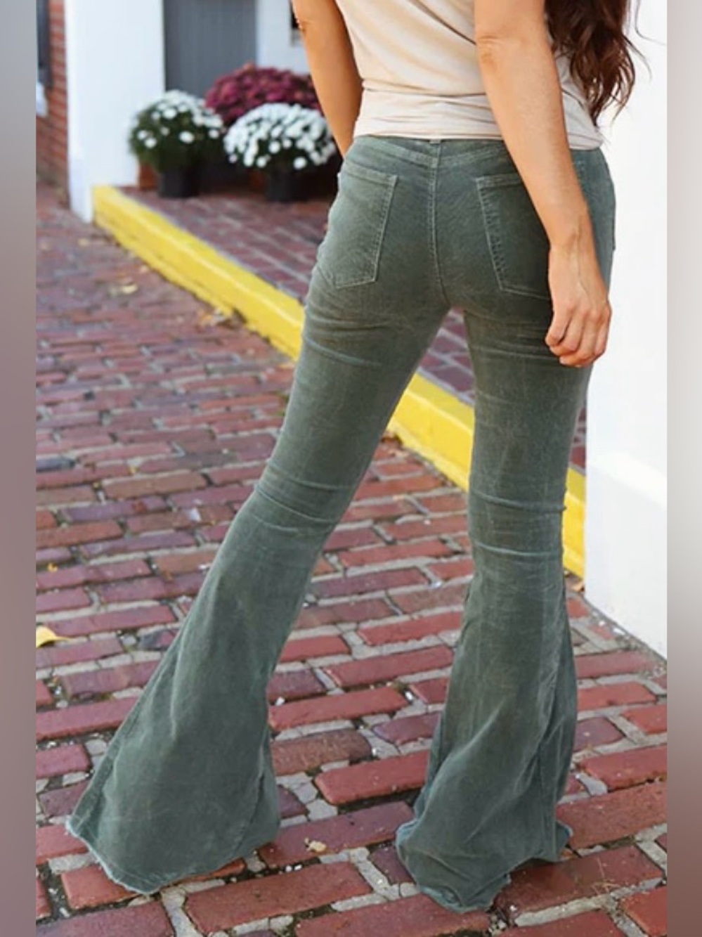 Bell bottom corduroy pants. Raw hem. Flare. Bohemian. Olive green. M. NWT - Picture 3 of 14